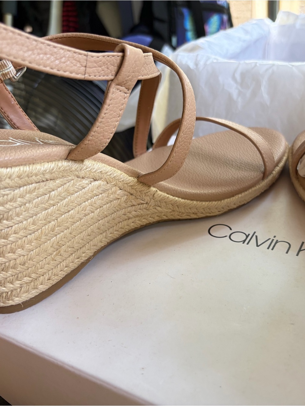 Calvin Klein Nude Cross-Strap Leather Sandals - Picture 8 of 14